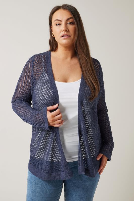 EVANS Plus Size Navy Blue Tape Yarn Cardigan | Evans 2