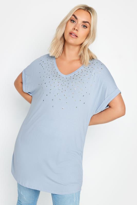 YOURS Plus Size Light Blue Sequin Star Embellished T-Shirt | Yours Clothing 1