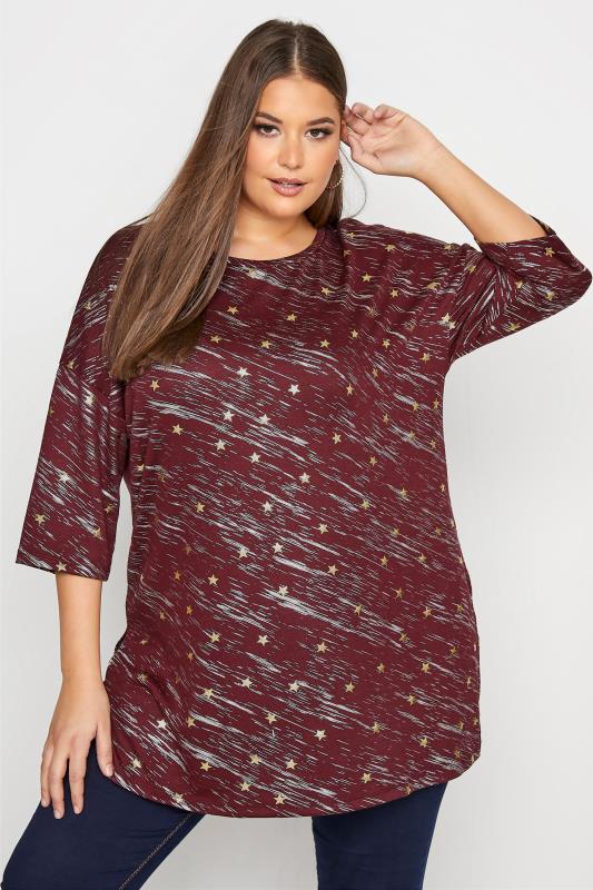  Grande Taille Curve Burgundy Red Star Print Top