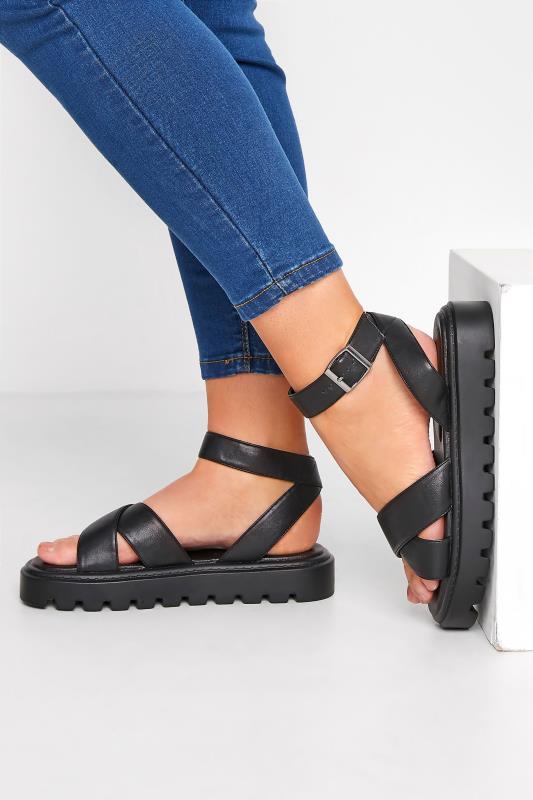 LIMITED COLLECTION Plus Size Black Crossover Strap Chunky Sandals In Extra Wide Fit | Yours Clothing 1