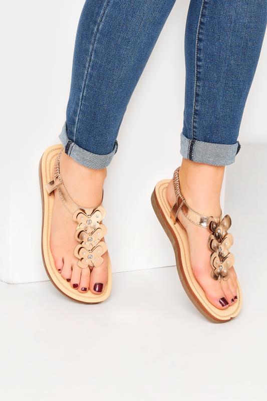 Plus Size  Rose Gold Diamante Butterfly Sandals In Extra Wide EEE Fit