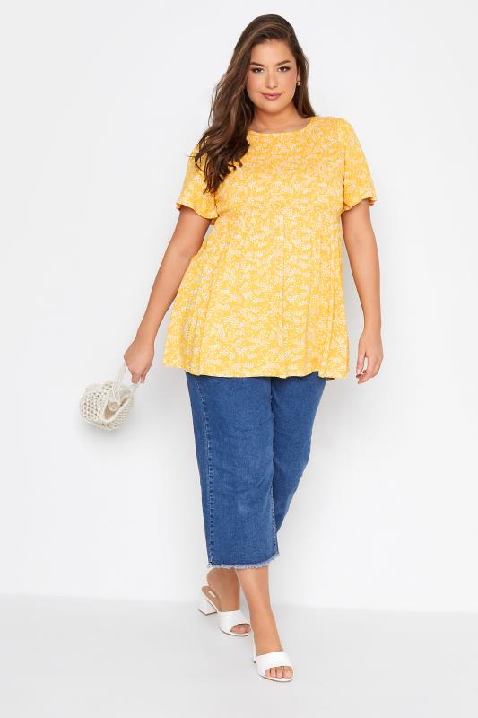Plus Size Yellow Spot Print Shirred Short Sleeve Top | Yours Clothing  2