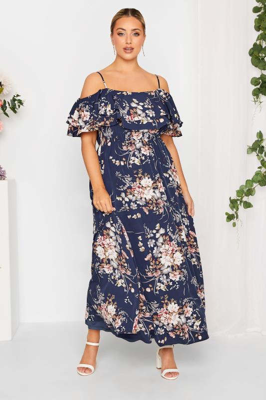 Plus Size YOURS LONDON Curve Navy Blue Floral Ruffle Bardot Maxi Dress | Yours Clothing  2
