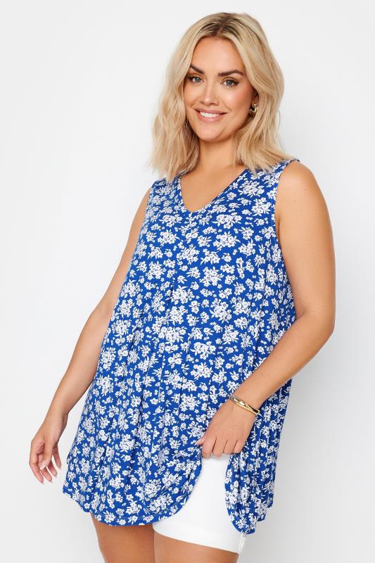 YOURS Plus Size Blue Floral Print Pleated Swing Vest Top | Yours Clothing 1