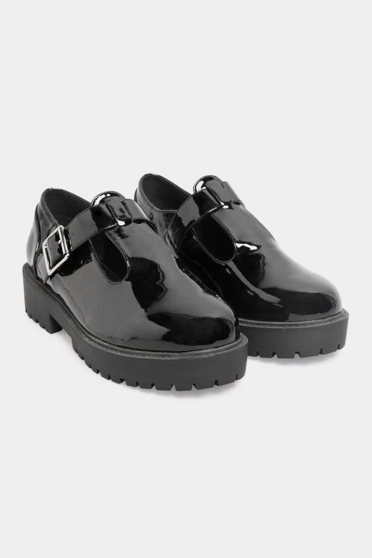 Black Patent Chunky T Bar Mary Jane Shoes In Extra Wide EEE Fit | Yours Clothing 2