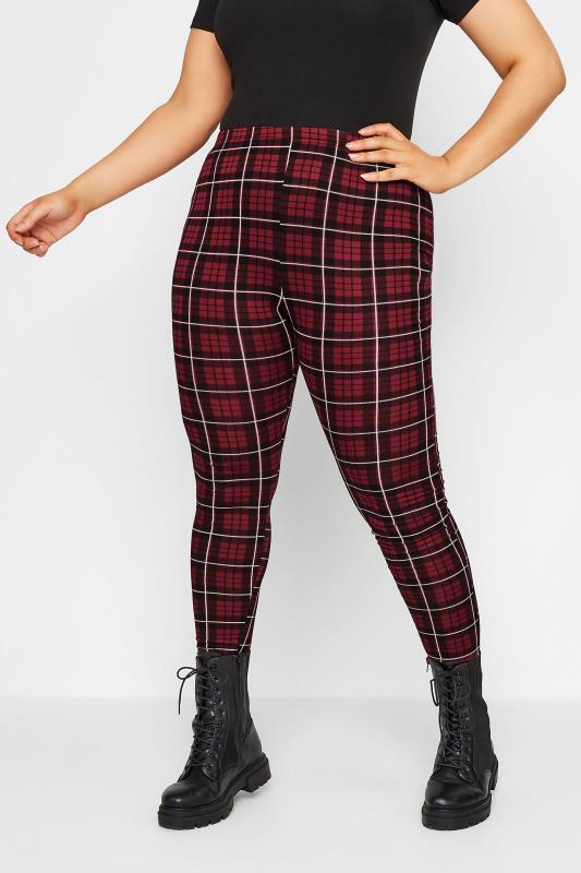 LIMITED COLLECTION Plus Size Burgundy Red Check Leggings | Yours Clothing 1