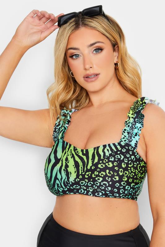 YOURS Curve Plus Size Green Animal Print Frill Sleeves Bikini Top | Yours Clothing  4