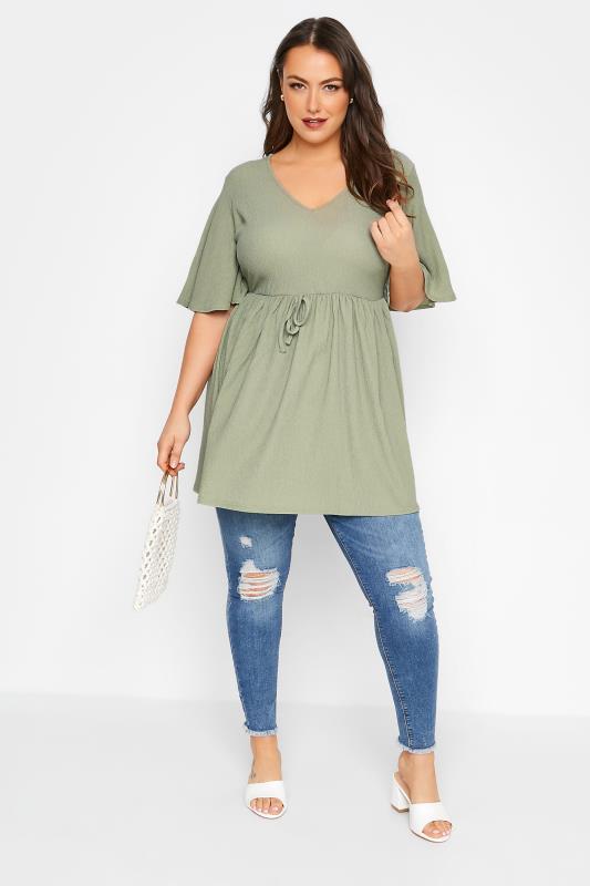 LIMITED COLLECTION Curve Sage Green Tie Waist Crinkle Top 2