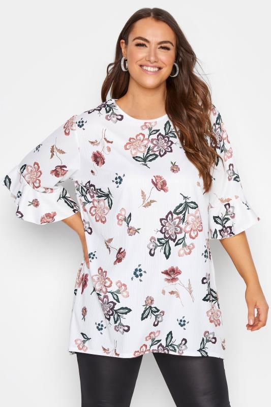 Curve White Floral Print Frill Sleeve Top_A.jpg
