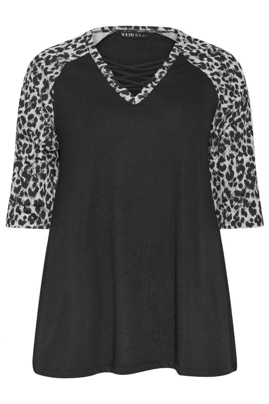 YOURS Plus Size Black Leopard Print Lace Up Eyelet Top | Yours Clothing 5