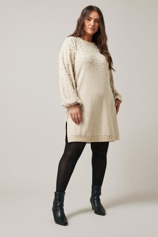 EVANS Plus Size Natural Brown Pearl Embellished Jumper Dress | Evans 2