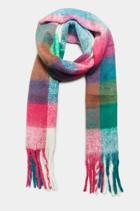 Pink & Green Block Check Chunky Tassel Scarf | Yours Clothing 2