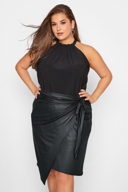 Plus Size  YOURS LONDON Black Leather Look Wrap Skirt