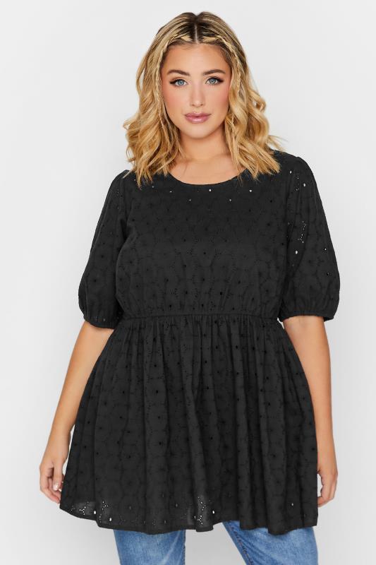 LIMITED COLLECTION Plus Size Black Embroidered Peplum Top | Yours Clothing 1