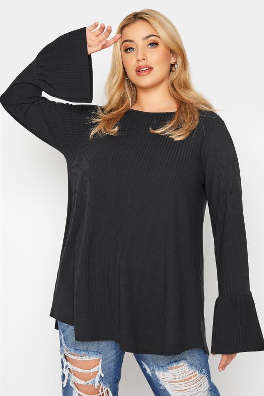 Black Ribbed Flare Long Sleeve 