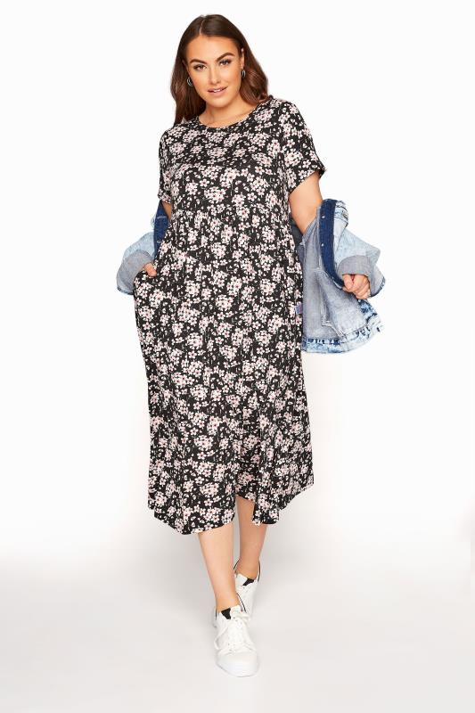 Black \u0026 Pink Floral Smock Midi Dress 