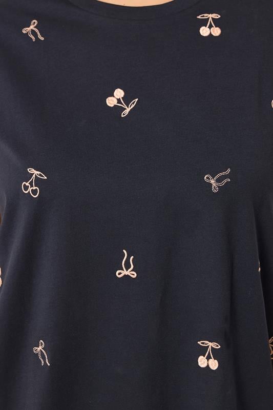 YOURS Plus Size Navy Blue Embroidered Cherry Bow T-Shirt | Yours Clothing 4