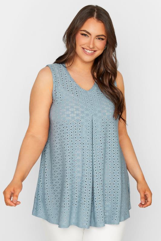 YOURS Plus Size Blue Pointelle Vest Top | Yours Clothing 1