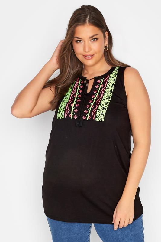 Plus Size Black Aztec Embroidered Tie Neck Top | Yours Clothing  1