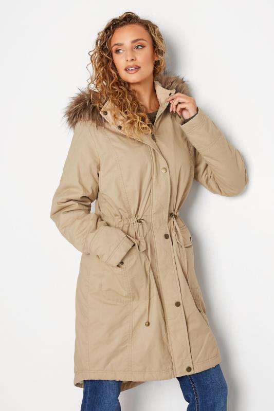 Women's Fishtail Fur Hooded Parka Jacket Ladies Khaki Quilted PVC Contrast Coat 