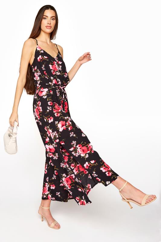 LTS Tall Black Floral Wide Leg Strappy Jumpsuit 2