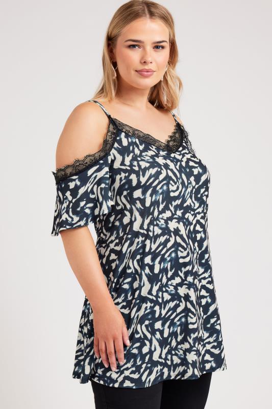 YOURS LONDON Plus Size Black Animal Print Lace Cold Shoulder Top | Yours Clothing 2