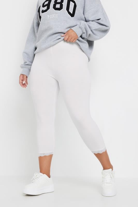 Plus Size Cropped & Short Leggings YOURS FOR GOOD Curve White Cotton Lace Trim Stretch Crop Leggings