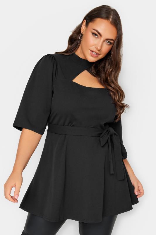 YOURS LONDON Plus Size Black Cut Out Detail Peplum Top | Yours Clothing 1
