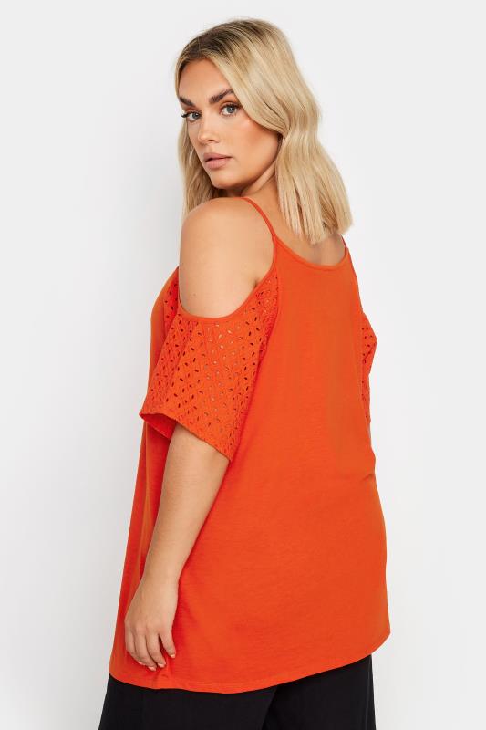 YOURS Plus Size Orange Broderie Anglaise Cold Shoulder Top | Yours Clothing 3