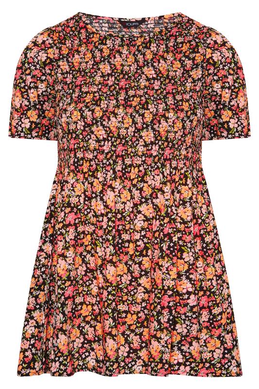 Plus Size Black & Orange Floral Print Shirred Smock Top | Yours Clothing  6