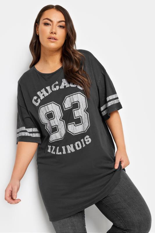  Grande Taille YOURS Curve Black Acid Wash 'Chicago' Slogan T-Shirt