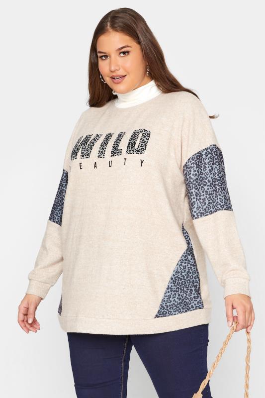 Curve Cream Leopard Print 'Wild Beauty' Slogan Soft Handle Sweatshirt 1