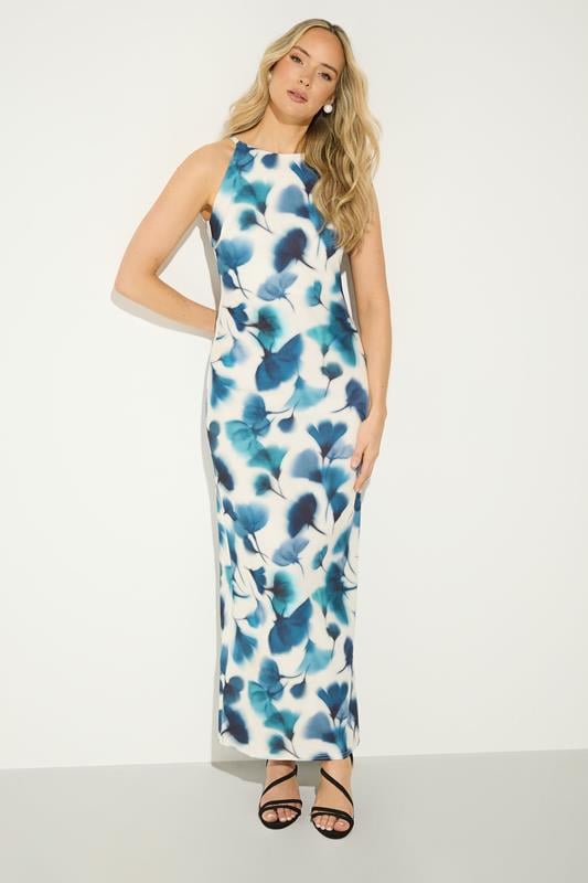  LTS Tall – Hochgeschlossenes Midikleid in Marineblau mit Blumenmuster