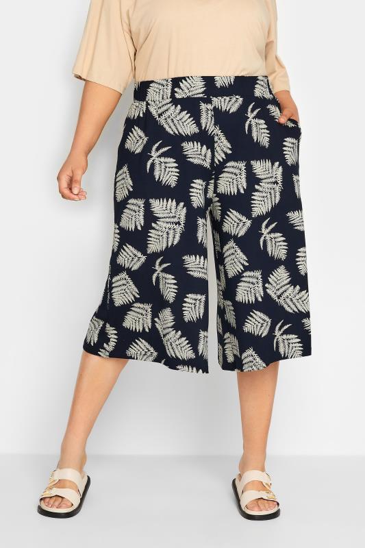YOURS Plus Size Navy Blue Leaf Print Culottes | Yours Clothing 1