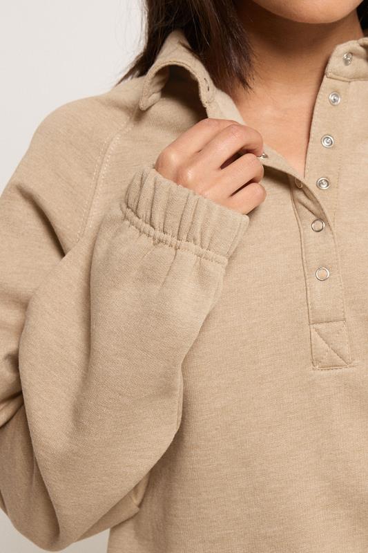 PixieGirl Petite Women's Natural Brown Button Collar Sweatshirt | PixieGirl 5