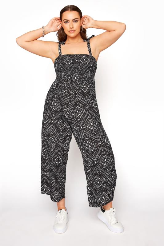 Black Aztec Shirred Bardot Jumpsuit | Yours Clothing 2