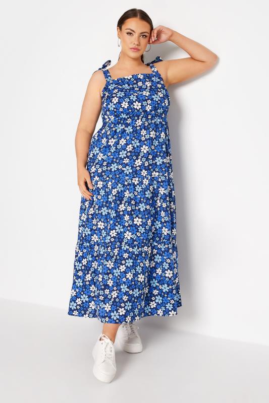 LIMITED COLLECTION Curve Blue Retro Floral Tiered Strappy Sundress 1