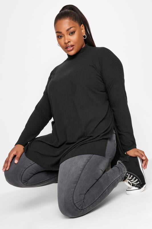 YOURS Plus Size Black Ribbed Turtle Neck Top | Yours Clothing 2