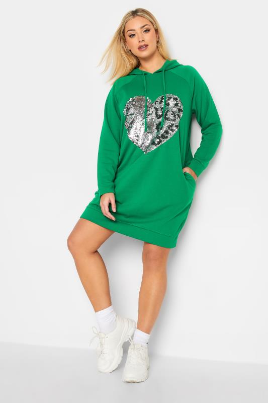Plus Size  YOURS Curve Green Heart Sequin Embellished Hoodie Dress