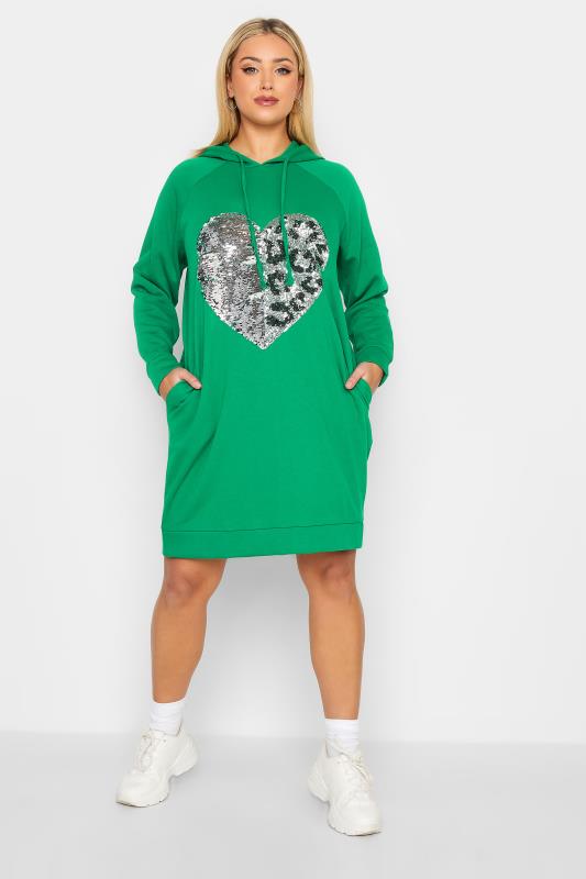 YOURS Plus Size Green Heart Sequin Embellished Hoodie Dress | Yours Clothing 2