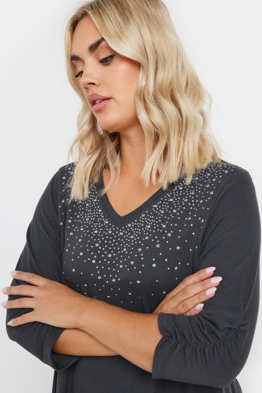 YOURS Plus Size Charcoal Grey Diamante Stud Swing Top | Yours Clothing  4