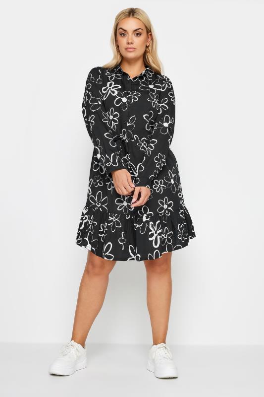 YOURS Plus Size Black Floral Doodle Print Smock Tunic Dress | Yours Clothing 2