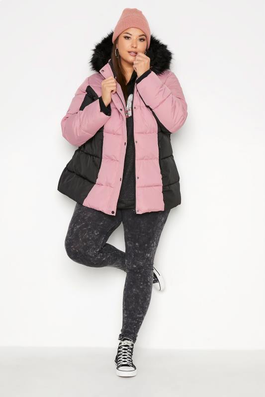 Plus Size Pink & Back Colour Block Padded Puffer Coat | Yours Clothing 3
