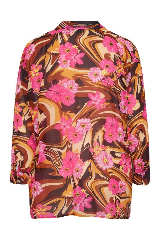 Plus Size Brown Marble Floral Print Sheer Beach Shirt | Yours Clothing 9