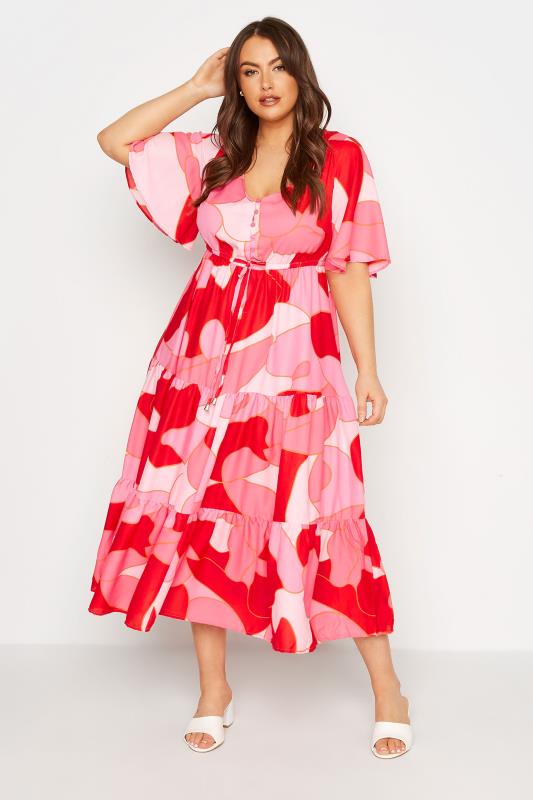 Plus Size  LIMITED COLLECTION Curve Pink Abstract Print Tiered Maxi Dress