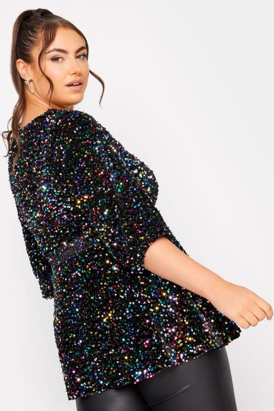YOURS LONDON Plus Size Black Velvet Sequin Sweetheart Top | Yours Clothing 3