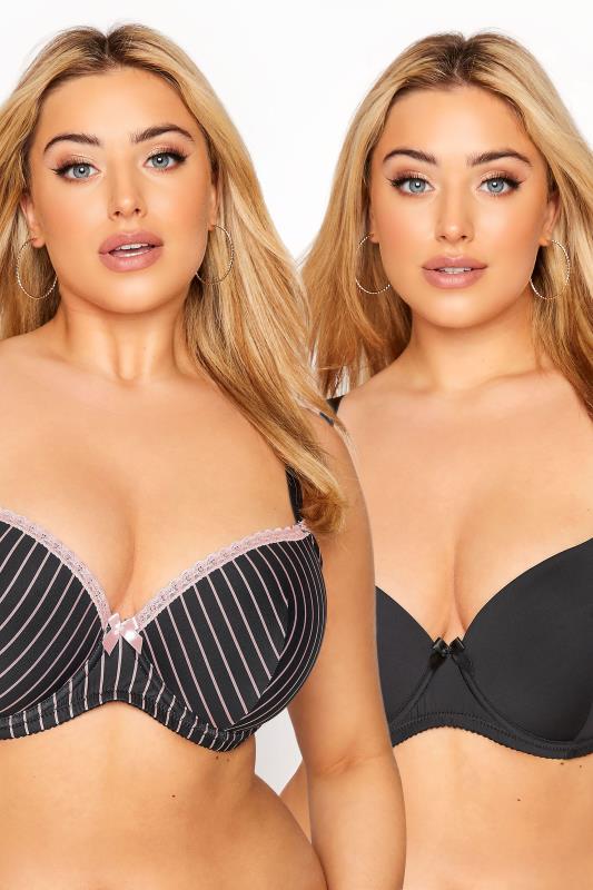 Plus Size  2 Pack Black Pinstripe Padded T-Shirt Bras - Available In Sizes 38DD - 48G