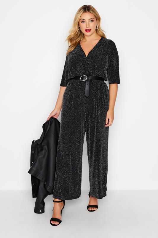 LIMITED COLLECTION Plus Size Black & Silver Glitter Stretch Wrap Jumpsuit | Yours Clothing 1