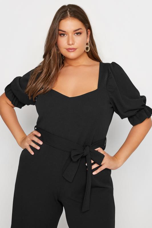 YOURS LONDON Curve Black Sweetheart Puff Sleeve Jumpsuit 4