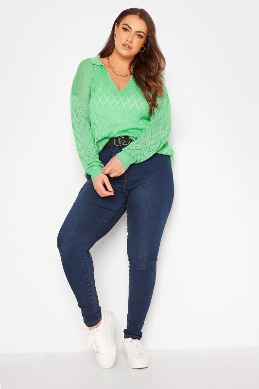 Plus Size Curve Green Pointelle Pattern Knitted Jumper | Yours Clothing 2